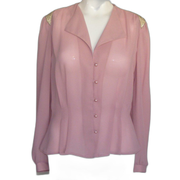Vintage Blouse, M, Pink, Sequin statement Shoulders, Long sleeve, button front - Picture 10 of 11